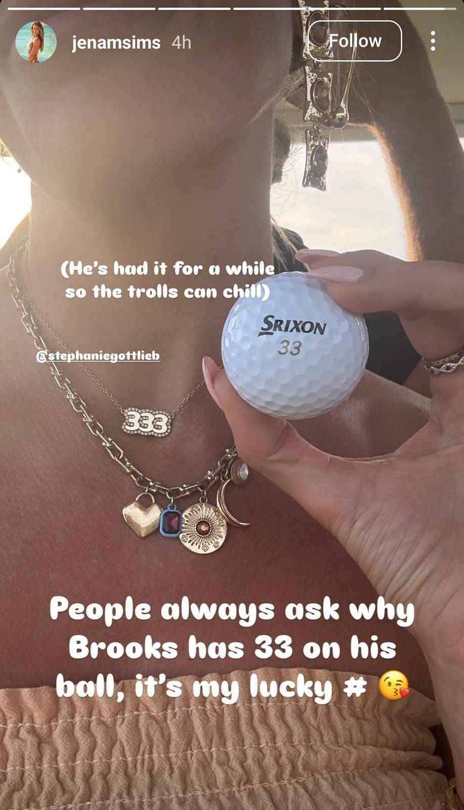 Jena Sims showing Brooks Koepka's golf ball ( via Jena Sims' Instagram story)